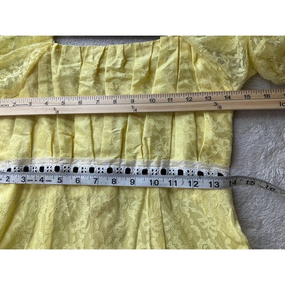 VTG 1960's-70's Sz.Small/XS handmade Empire waist lace maxi dress Yellow Puff sl - Picture 5 of 11